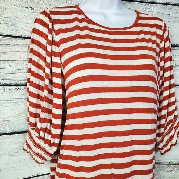 Vine & Love Rust White Striped Puff Sleeve Top Women’s Size M - Picture 2 of 7